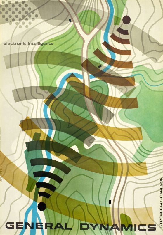 Geographic lines, topographic view of land, sonar waves radiating above; green, brown, white, blue