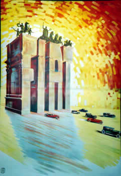 Cars drive through triumphal arch composed of letters; yellow, orange, red