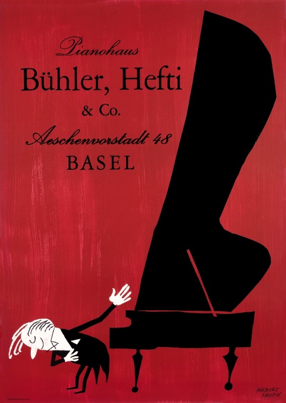 Pianist taking a bow in front of a grand piano; red, black and white