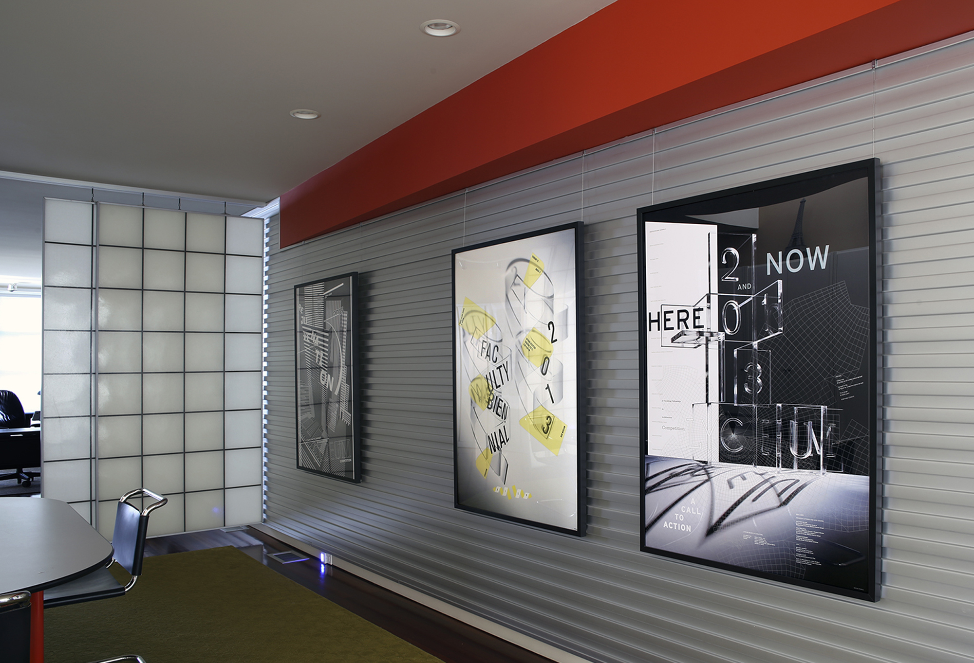 Typographic posters in Dining Room with screen; red, grey, black, white