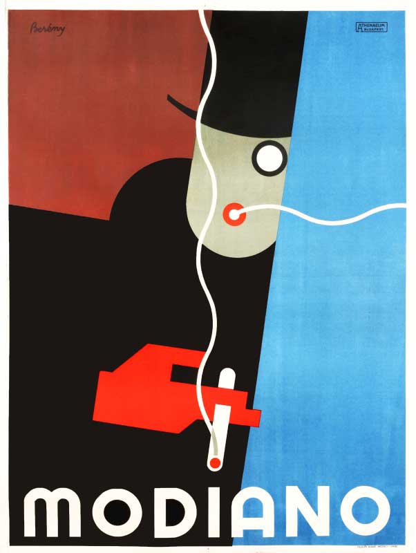 Stylized man in top hat and red glove smokes a modiano; red, blue, brown, grey, black