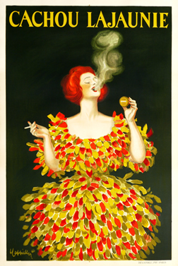 Woman in feathery dress blows cigarette smoke and holds tin of mints; green, yellow, red