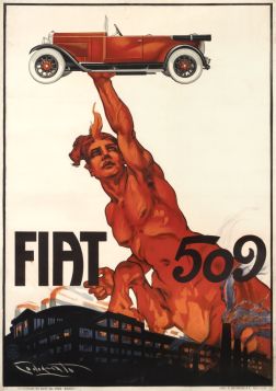 Centaur holds up automobile Fiat 509 with Lingotto factory at bottom; red, black