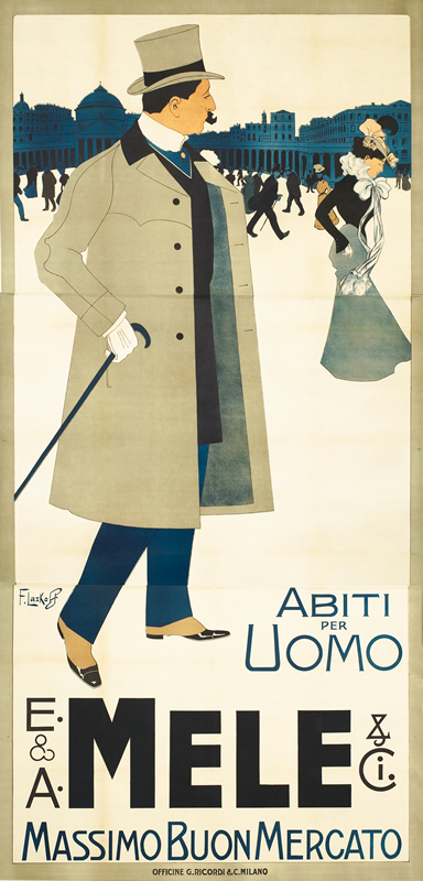 Well dressed man admires woman across a piazza; slate, blue, gray, black, beige