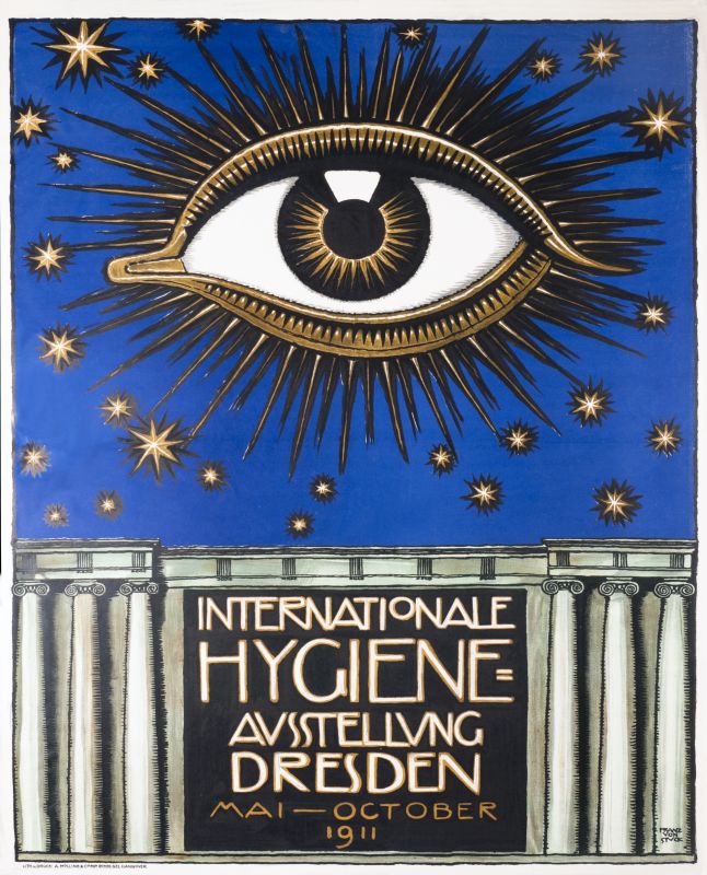 Detailed eye hovers in starry sky over classical building; blue, gold, gray