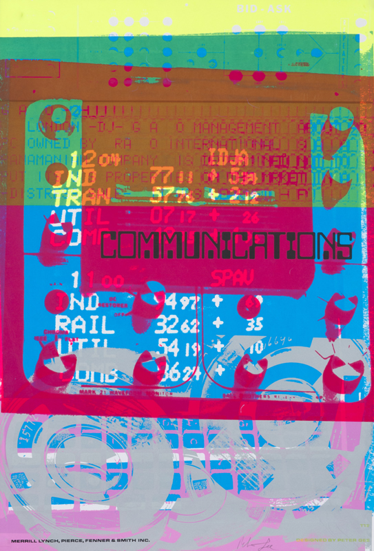 Photomontage of stock market digital news board; pink, blue, yellow, green, orange