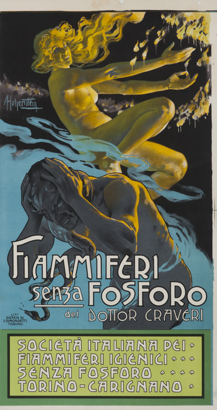 Devil like figure holds head, nude woman lights matches; yellow, blue, green, black