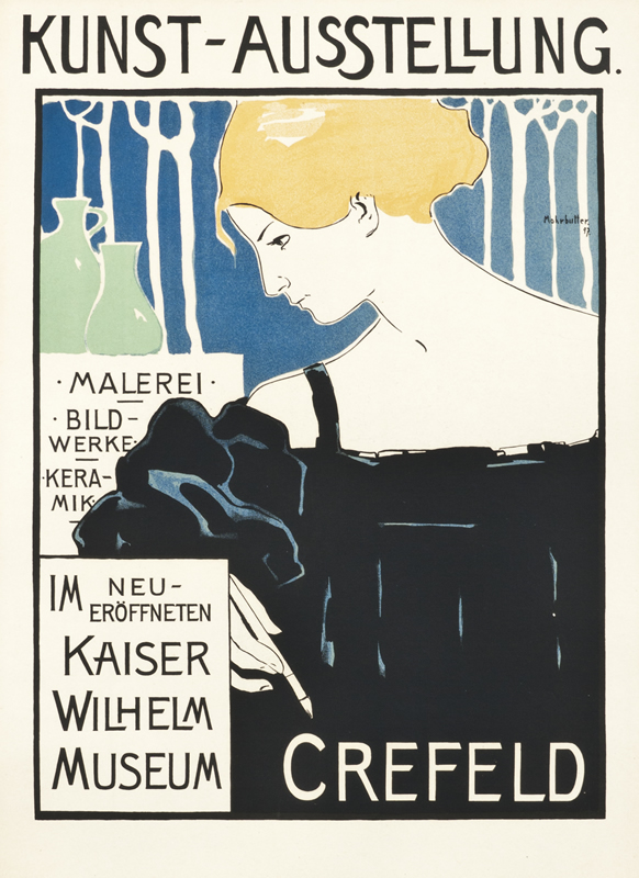 Blonde woman with paintbrush, woods and vase behind; blue, black, yellow, green