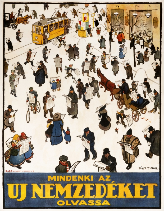 Street scene with everyone reading newspaper; black, yellow, blue