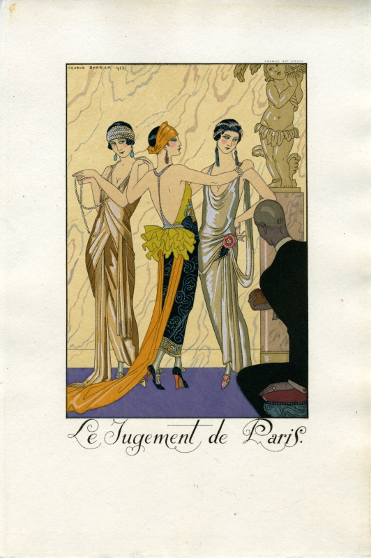 Man holding apple in foreground, three women pose like classical sculpture; yellow, purple, black, brown, orange