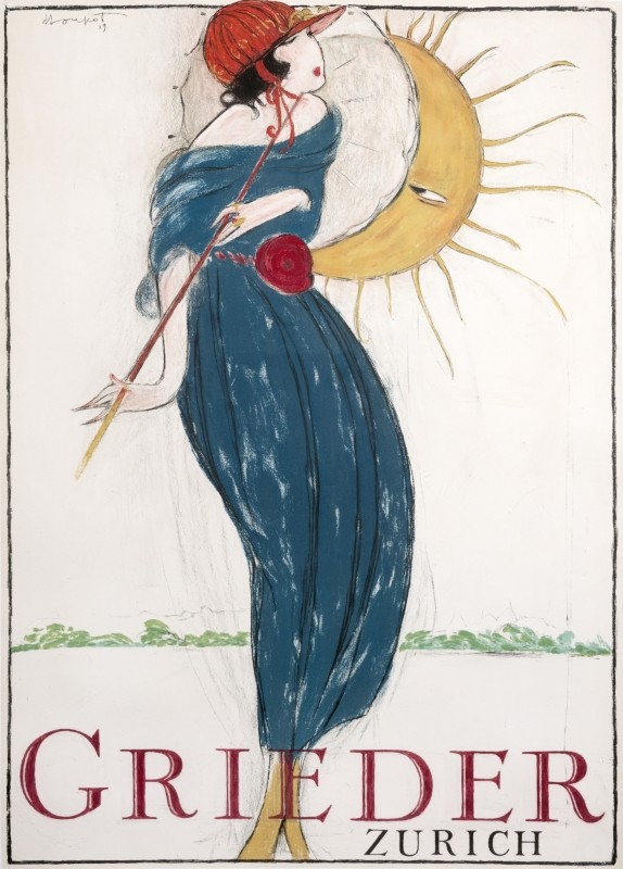 Woman with parasol in front of sun; blue, red, yellow, white