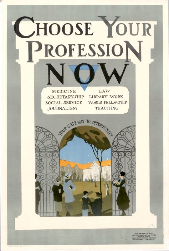 Women standing at gates to college, medicine, secretaryship, social service, journalism, law, library work, work fellowship, teaching; white, blue, gray, green