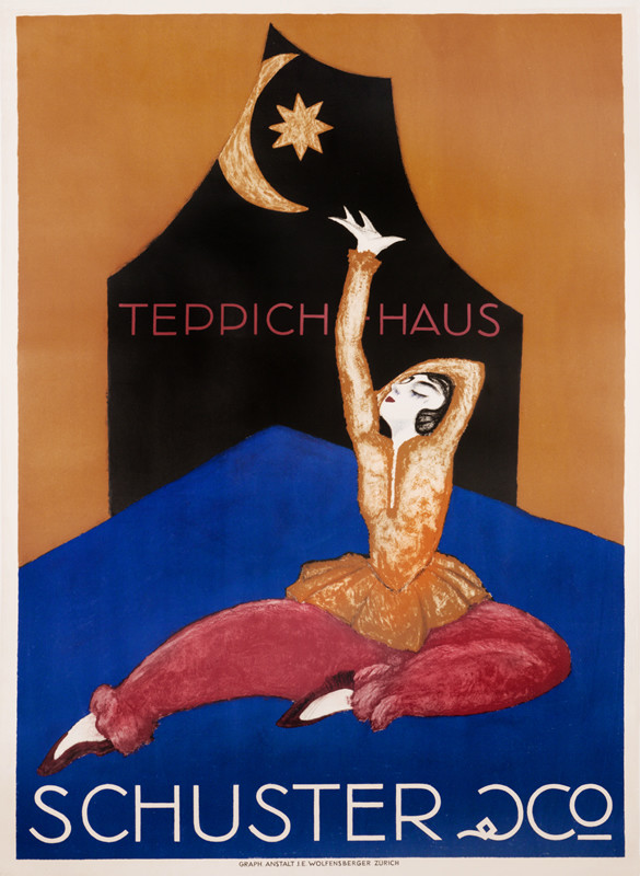 Woman on blue carpet stretches towards moon and star above; gold, red, blue