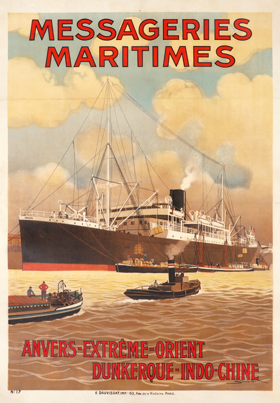 Ocean liner freighter in port loading cargo with tugboat; brown, red