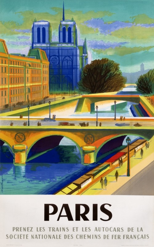 View of Notre Dame and pont Saint-Michel along the Seine; blue, orange, green