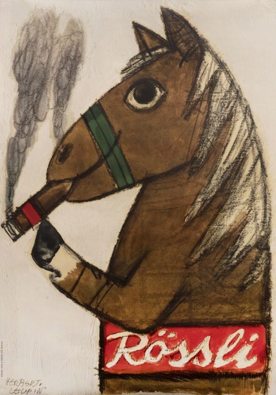 Horse smokes cigar; red, brown