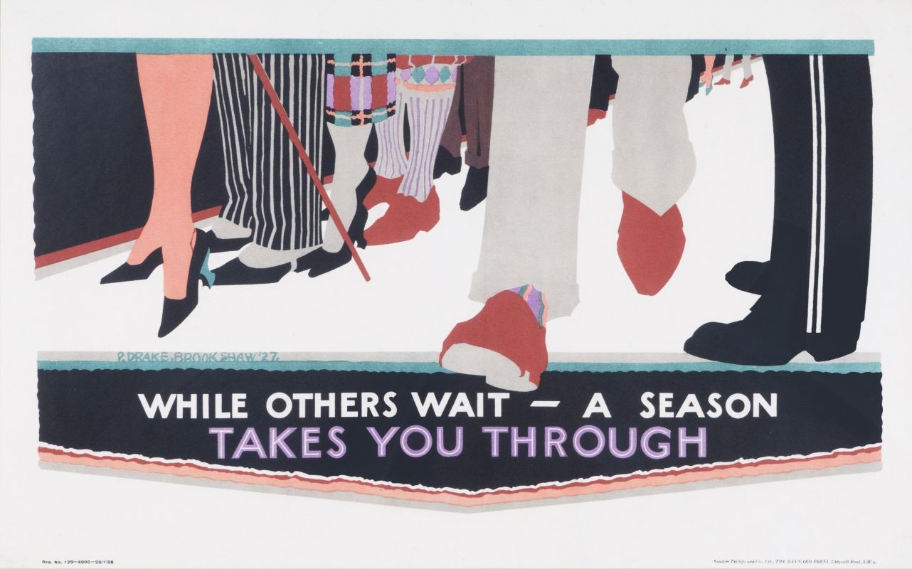 season ticket holder's feet walk through, other feet wait in line; brown, black, red, green