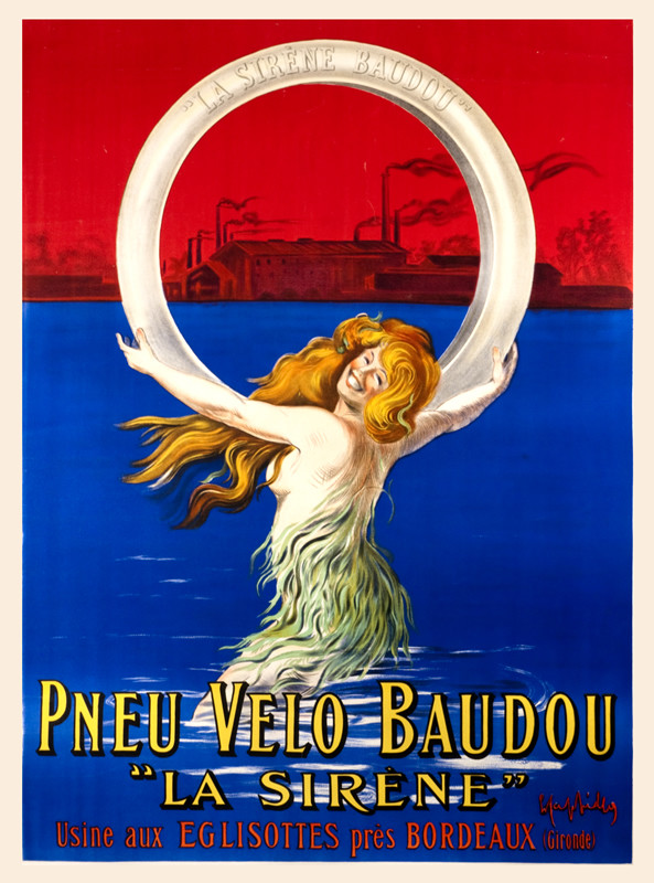 Mermaid/siren in sea by factory holds up tire, red hair flowing in the wind; blue, yellow, red