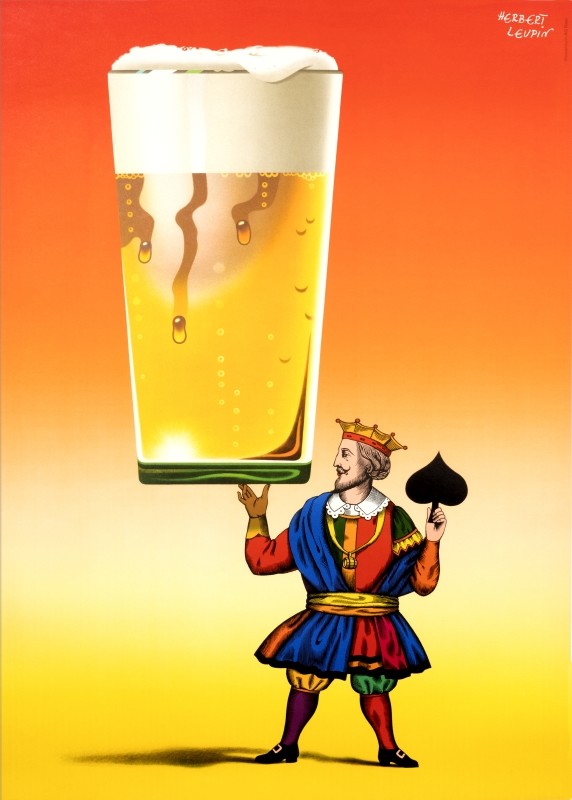 King of Spades holding a pint of beer; yellow, orange
