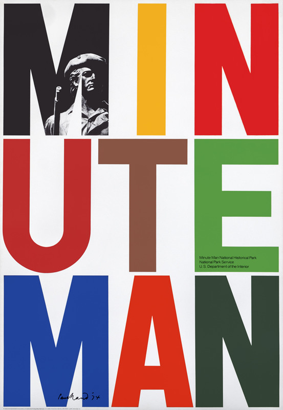 Multicolored typography with photo of Lexington MA Minute Man sculpture in M; red, orange, blue, yellow, green, black