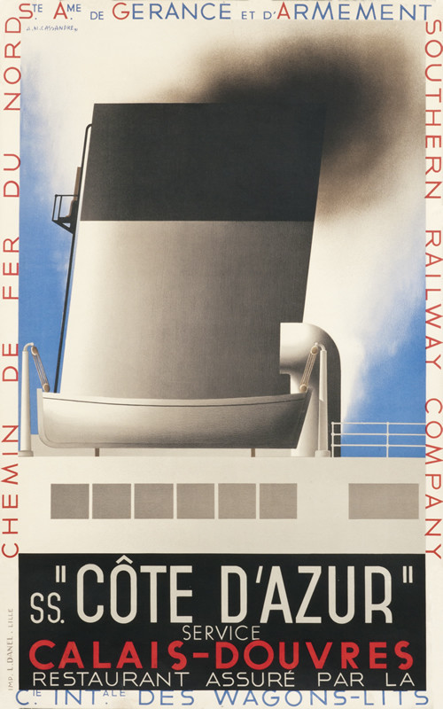 profile of ocean liner; red, white, blue, black