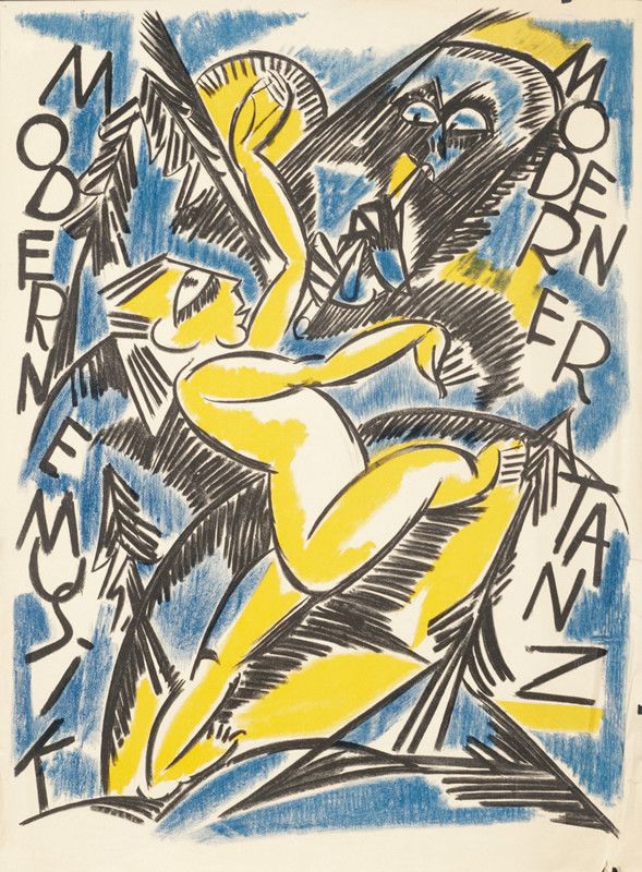 Figure dances as abstract musician plays; blue, yellow, black