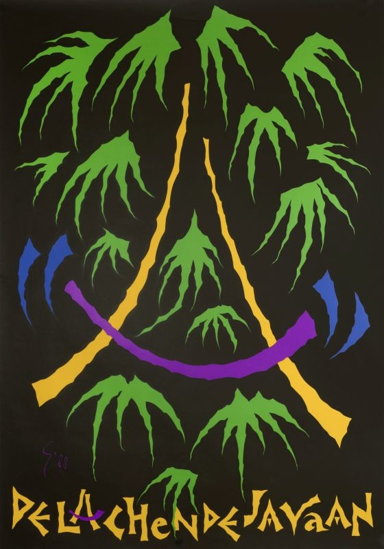 Abstract design of palm trees and hammock; purple, yellow, green, fuschia